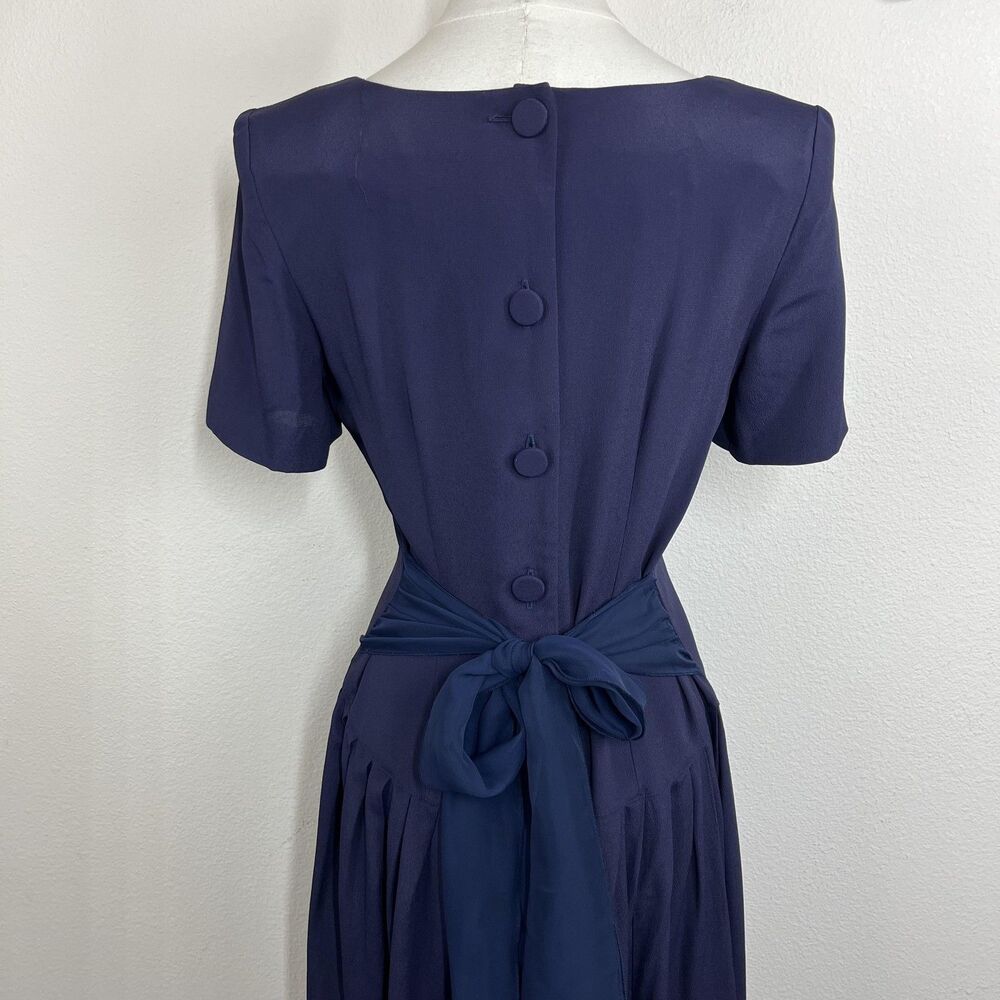 Vintage Donna Ricco Dress Womens 4 Blue Fit Flare Midi Bow 90s Party Wedding - Picture 4 of 9